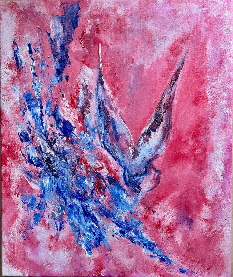 An apparition in the fracture. Trickster, guide, omen - its gaze follows you beyond the canvas.